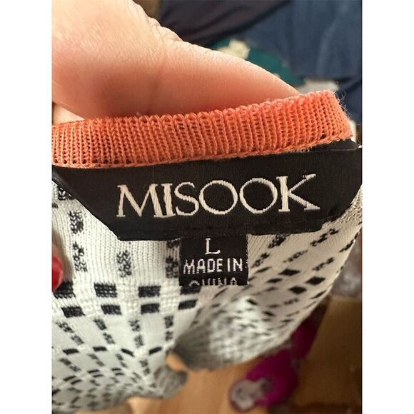 Misook Womens Cardigan L Open Front Jacket Black White Coral Trim Knit - Picture 5 of 8